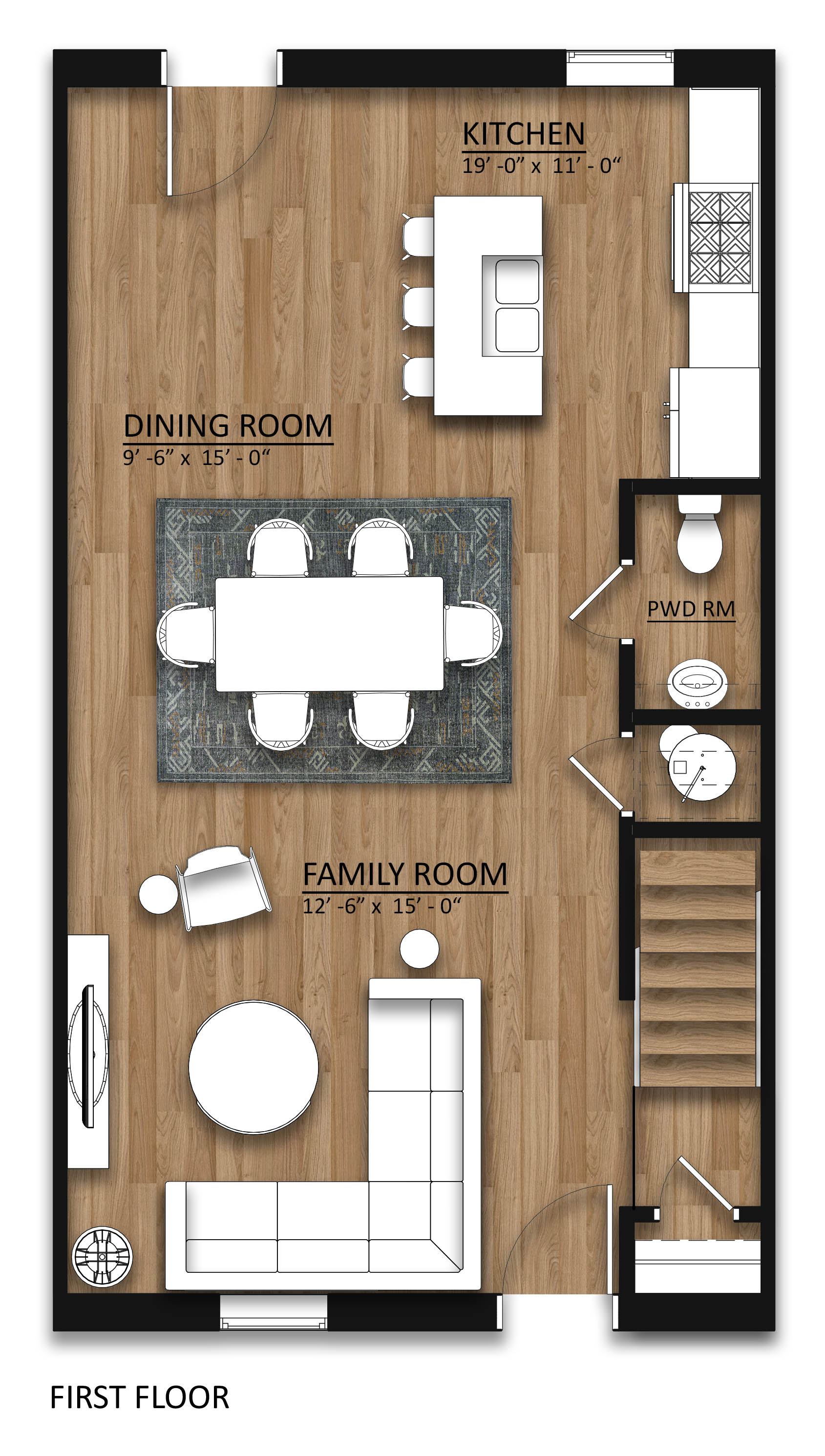 A floor plan of a house showing a kitchen, dining room, and family room.
